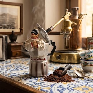 Puede incluir: Una cafetera moka plateada con una figura de cerámica de Pulcinella que emerge de la tapa, con el texto "che bella cafe" impreso. Se acompaña de una pequeña pala de madera con café molido, una cuchara de metal y dos tazas pequeñas.