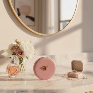 Könnte beinhalten: Eine Schminktischszene mit einem rosa Kompaktspiegel mit einem goldenen Bienenemblem, einer Parfümflasche, einem Blumenstrauß und einer Ringbox mit einem Diamantring. Ein goldgerahmter Spiegel ist darüber zu sehen.