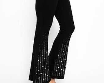 Pantalones acampanados con adornos de diamantes de imitación negros, leggings elegantes para conciertos y fiestas (tallas pequeñas a 3X) Negro