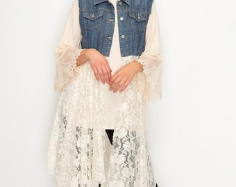 Denim top dustervest natuurlijk kant Bodem - vest wikkelhemdblouse (SM-3X)