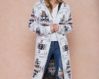new super soft Aztec tribal western Cardigan Sweater coat duster Rainbow Eyelash yarn (XS-3X) Hooded