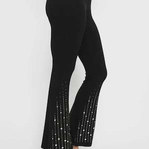 BLACK rhinestone embellished Bell Bottom flared pants leggings dressy concert Holiday party (SM-3X)  Black