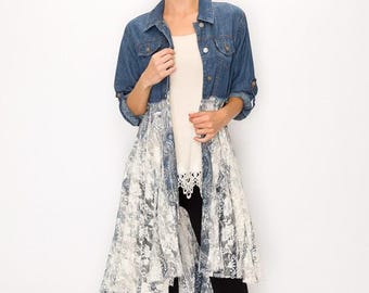 ORIGAMI Denim dustertop met kanten onderkant - geknoopte overhemdblouse met overslag (SM-3X)
