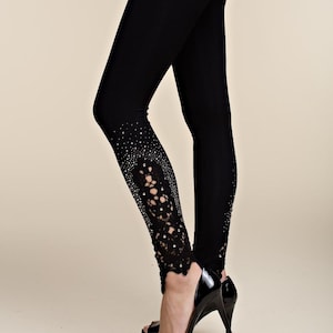 New rhinestone crochet embellished pants leggings dressy concert party (SM-4X) holiday (3-colors)