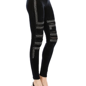 Vocal apparel rhinestone embellished rocker biker mesh pants leggings dressy concert party (SM-XL)  Black