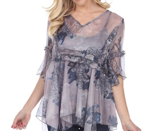 Bellissima camicetta floreale Boho con volant e pizzo, di ispirazione vintage, disponibile in 2 colori SM-XXL