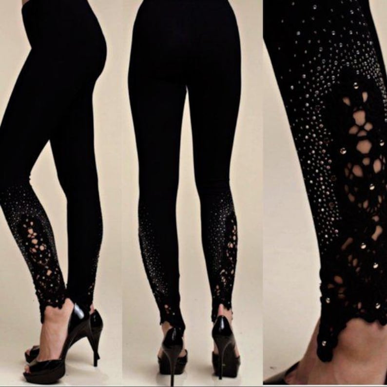 Cascading Rhinestone Pants New Rhinestone Crochet Embellished Pants Leggings Dressy Concert Party ...