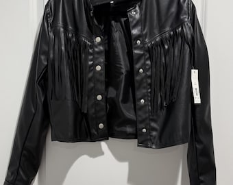 Vintage Black Fringe Leather Jacket – Women's 90s Rockstar Style