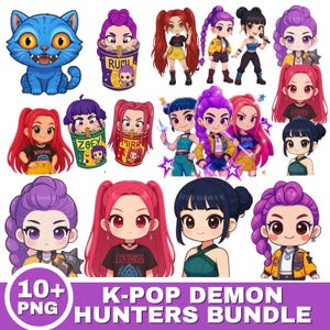 May include: A digital art bundle featuring cartoon illustrations of K-Pop Demon Hunters. The collection includes a blue cat, anime-style characters with various hairstyles, and text that reads "10+ PNG" and "K-POP DEMON HUNTERS BUNDLE."