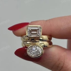 Anillo de diamantes con engaste de bisel descentrado, anillo de moissanita de corte ovalado de este a oeste, anillo solitario de diamante con circonita cúbica de corte esmeralda de 8 x 6 mm, anillo de bodas de plata