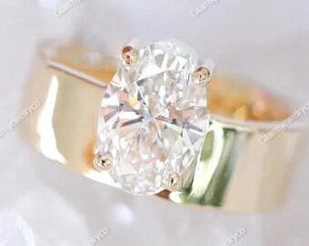 Wide Band 2.0 Ct Oval Engagement Ring For Women, Prong Set Wedding Ring, Unique Thick Band Custom Made Solitaire Ring, 925 Sterling Silver