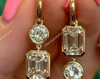 Emerald And Round Cut Bezel Set Earrings, Dangle Drop Unique Design Wedding Earrings, 925 Silver Clip On Alternative Diamond Earrings