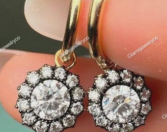 Round Cut Moissanite Diamond Halo Earrings, Half Clip With Push back Closer Drop Earrings, Black Rhodium Prong With 925 Silver Basket