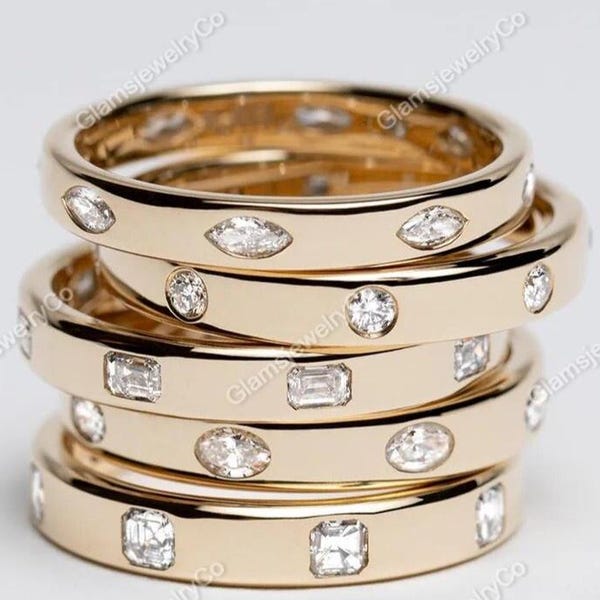 18k Yellow Gold East To West Style Bridal Band, 4x3 mm Oval Cut CZ Diamond Wedding Band, Flush Set Full Eternity Band, Unique matching Band