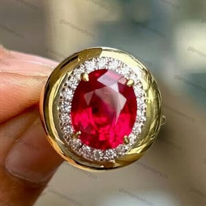 July Birthstone 9X7mm Oval Cut Pink Ruby Gemstone Ring, Candy Button Design Halo With Chunky Bezel Set Engagement Ring, 925 Silver Ring