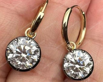 Gypset Hoop Earrings 6mm Round Moissanite Set In Georgian Style Cut-Down Setting Blackened White Gold & Yellow Gold Earrings