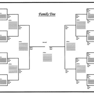 May include: A black and white printable family tree chart with spaces for names and dates. The chart is in the shape of a tree with branches and leaves.