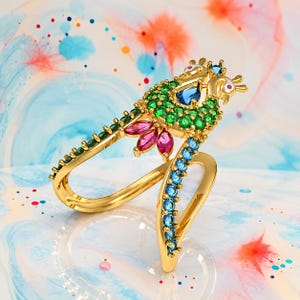 Bague Paon en argent 925, bague en pierre précieuse verte, bague rubis et aigue-marine, bague paon tendance, bague en argent sterling plaqué or, cadeau pour elle