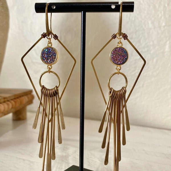 Earthy & Magical Multi Color Rainbow Druzy Sparkle Agate Brass Kite and Paddle Dangle Earrings Festival and Boho Jewelry