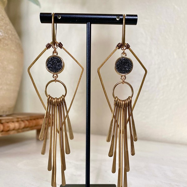 Earthy & Magical Black Druzy Sparkle Agate Brass Kite and Paddle Dangle Earrings Festival and Boho Jewelry