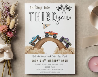 Shifting Into Third Gear Monster Truck 3rd Birthday Invitation Template 5x7 Editable Canva Printable Instant Download