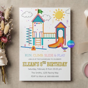 May include: A rectangular birthday invitation card featuring a colorful playground illustration with a slide, ladder, and seesaw. The text reads: RUN. CLIMB. SLIDE & PLAY. JOIN US AT THE PLAYGROUNG TO CELEBRATE ELEAN'S 5TH BIRTHDAY. Saturday, February 8 from 03-05 pm. The Smiths, 1235 Racing Way. RSVP to Mom at :666-666-666.