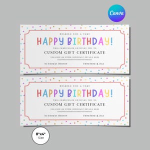 Plantilla de certificado de regalo de cumpleaños, cupón editable de Canva, cupón de celebración imprimible de 8x4, descarga de tarjeta sorpresa colorida