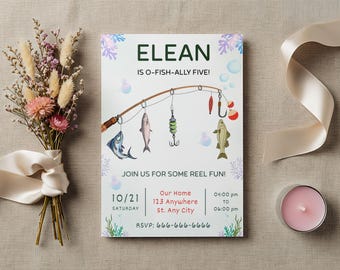 Editable O-Fish-Ally Fifth Birthday Invitation Template, Boy Fish Theme 5th Birthday Invite Canva Download