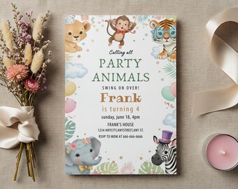Invito di compleanno a tema safari, invito per festa a tema animali della giungla, stampabile e modificabile su Canva (formato 5x7) per bambini.