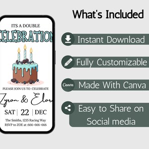 Pu&ograve; includere: Un invito digitale per una doppia celebrazione su uno schermo di smartphone. L'invito presenta una torta con tre candele e i dettagli dell'evento. Include "Download istantaneo" e "Facile da condividere sui social media".
