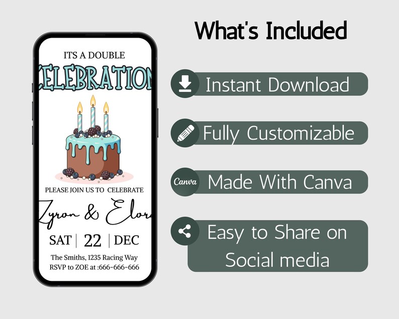 Pu&ograve; includere: Un invito digitale per una doppia celebrazione su uno schermo di smartphone. L'invito presenta una torta con tre candele e i dettagli dell'evento. Include "Download istantaneo" e "Facile da condividere sui social media".