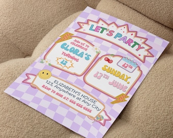 Modello di invito di compleanno preppy pastello a scacchi retrò Canva Download immediato