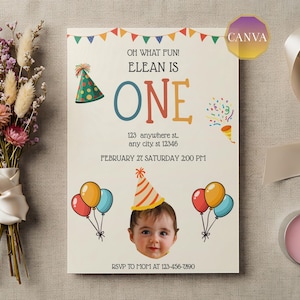 Puede incluir: Una invitación de cumpleaños color crema con el texto "OH WHAT FUN! ELEAN IS ONE." La invitación incluye una foto de un bebé con un gorro de fiesta, globos y decoraciones de fiesta. La información de RSVP está en la parte inferior.