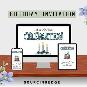 Pu&ograve; includere: Un design di invito di compleanno visualizzato su un monitor di computer, smartphone e tablet. L'invito presenta il testo "It's a Double Celebration" e una grafica di torta. Il testo "Birthday Invitation" &egrave; in alto.