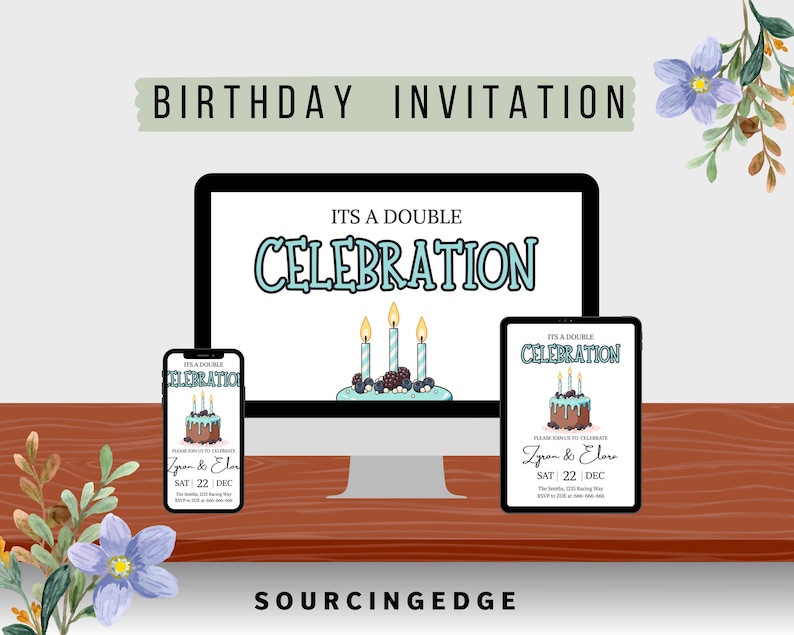 Pu&ograve; includere: Un design di invito di compleanno visualizzato su un monitor di computer, smartphone e tablet. L'invito presenta il testo "It's a Double Celebration" e una grafica di torta. Il testo "Birthday Invitation" &egrave; in alto.