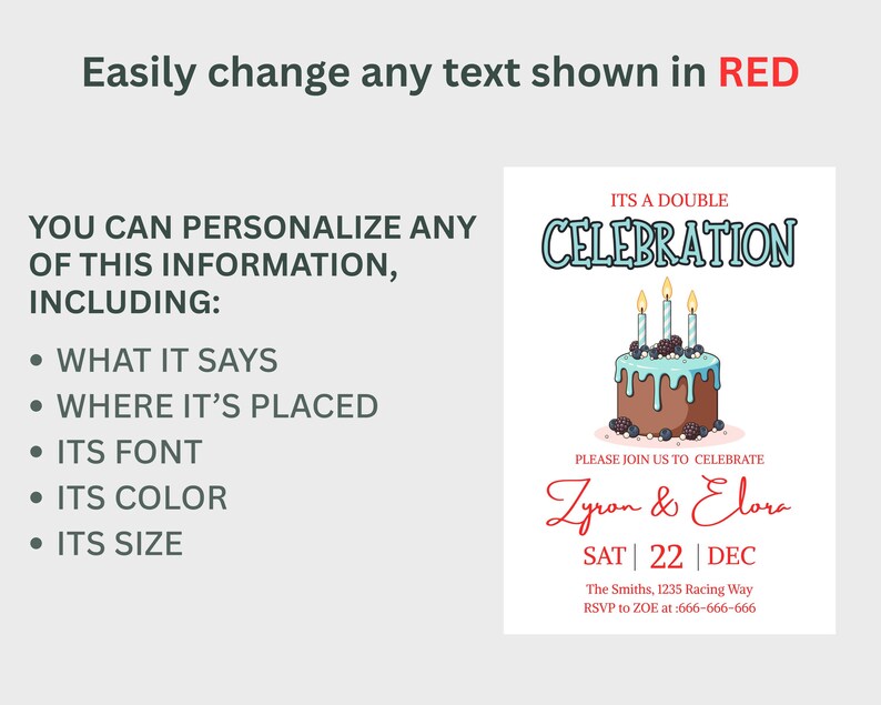 Pu&ograve; includere: Biglietto d'invito bianco con la scritta "It's a Double Celebration" e un'illustrazione di torta. Il biglietto include i nomi "Zyron & Elora", data, ora e informazioni RSVP. &Egrave; presente anche il testo "Easily change any text shown in RED".