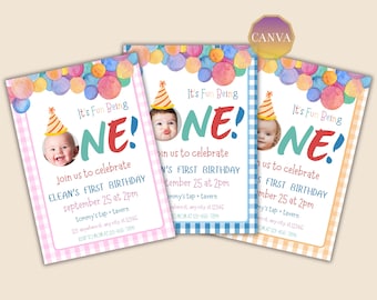 May include: Three colorful first birthday invitations. Each invitation features a baby's photo, the text "It's Fun Being ONE!", and party details. The invitations have a watercolor bubble design and a gingham border in pink, blue, and orange.