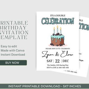 Pu&ograve; includere: Modello di invito di compleanno stampabile con un tema a doppia celebrazione. L'invito presenta una torta con candele e il testo "Zyron & Elora" e la data. L'invito &egrave; di 5x7 pollici.