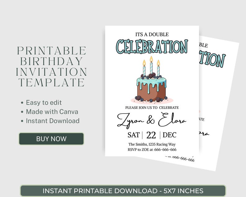 Pu&ograve; includere: Modello di invito di compleanno stampabile con un tema a doppia celebrazione. L'invito presenta una torta con candele e il testo "Zyron & Elora" e la data. L'invito &egrave; di 5x7 pollici.