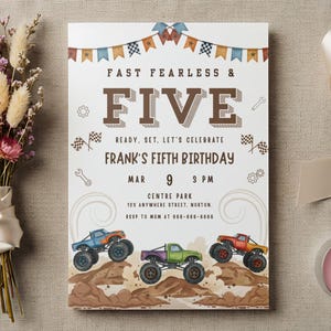 Monster Truck 5th Birthday Invitation Template, Fast Fearless Five Party Invite, Racing Theme Editable Canva 5x7 Printable Download