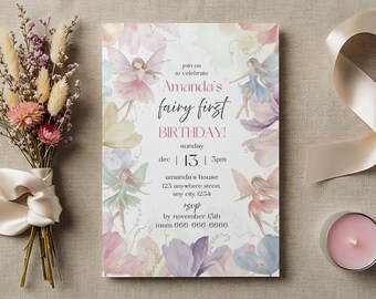 Invito di compleanno a tema fata modificabile, invito a tema giardino incantato, invito stampabile per festa di compleanno per bambina con fiori rosa, viola e pesca.