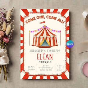 Editable Circus Birthday Invitation, Vintage Carnival Theme Party Printable, Watercolor Big Top Tent Card, Kids Fair Event Announcement