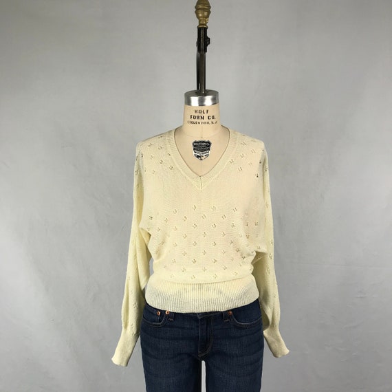 Vintage 1970s V Neck Cream Sweater 70s Organically
