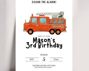 Firetruck Birthday Invitation, Editable Firefighter Party Invite (Digital Download)