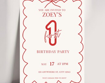 Red First Birthday Invitation Template, Minimalist Girl Party Invite (Digital Download)