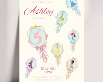 Disney Princess Mirror Birthday Invitation| Moana, Rapunzel, Ariel, Belle, Tiana, and Cinderella Birthday Invite