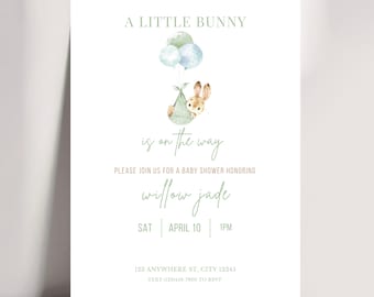 Bunny Baby Shower Invitation, Sage Green Watercolor Bunny, Spring Woodland Theme (Digital Download)