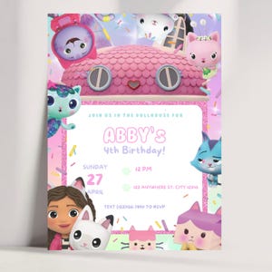 Gabby's Dollhouse Birthday Invitation | Editable Pink Cat Party Invite GD1
