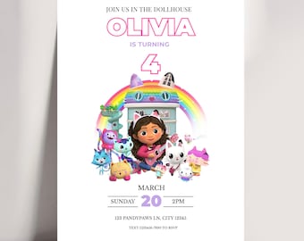 Gabby's Dollhouse Birthday Invitation | Editable Pink Cat Party Invite (Digital Download)|GD5