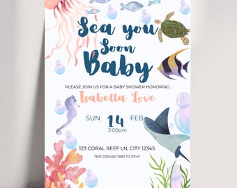 Sea You Soon Coastal Baby Shower Invitation | Editable Canva Template| Instant Download